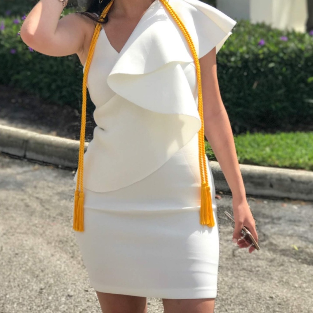 White short one shoulder ruffled dress